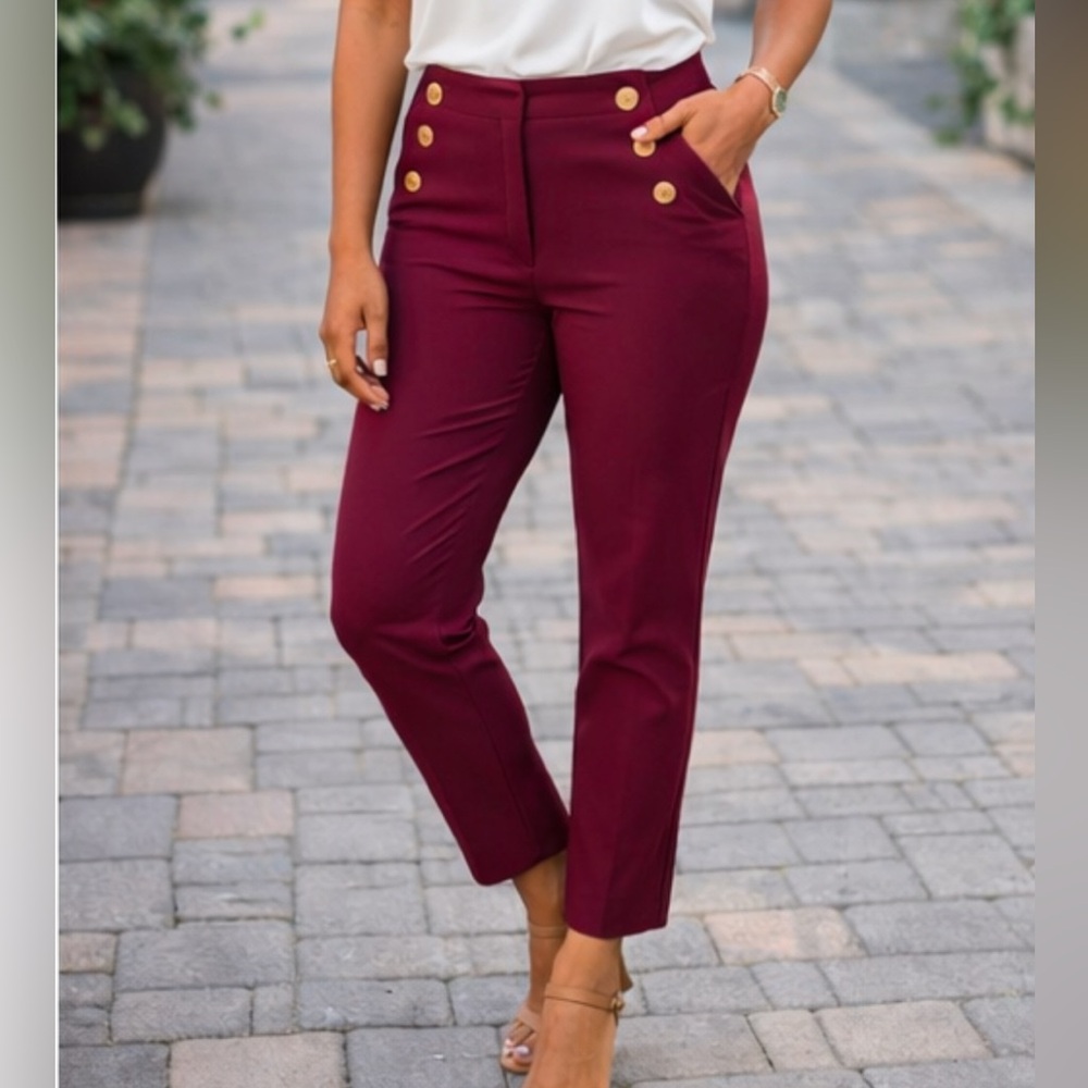 Banana Republic Burgundy High Waisted Tailored Gold Button Slim Fit Pants